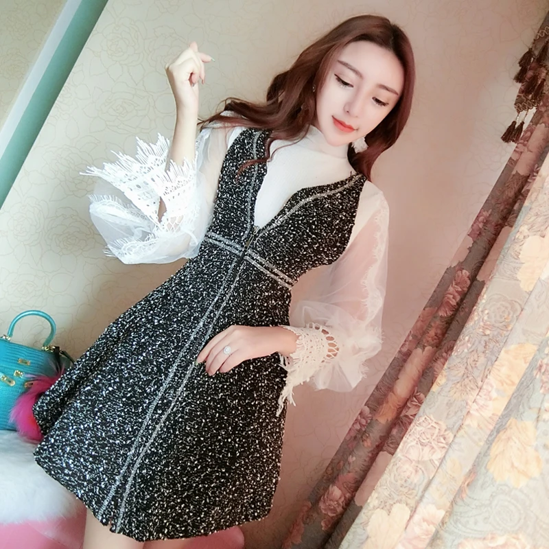 2018 новые модные женские платья осень комплект из двух предметов Фонарь рукава