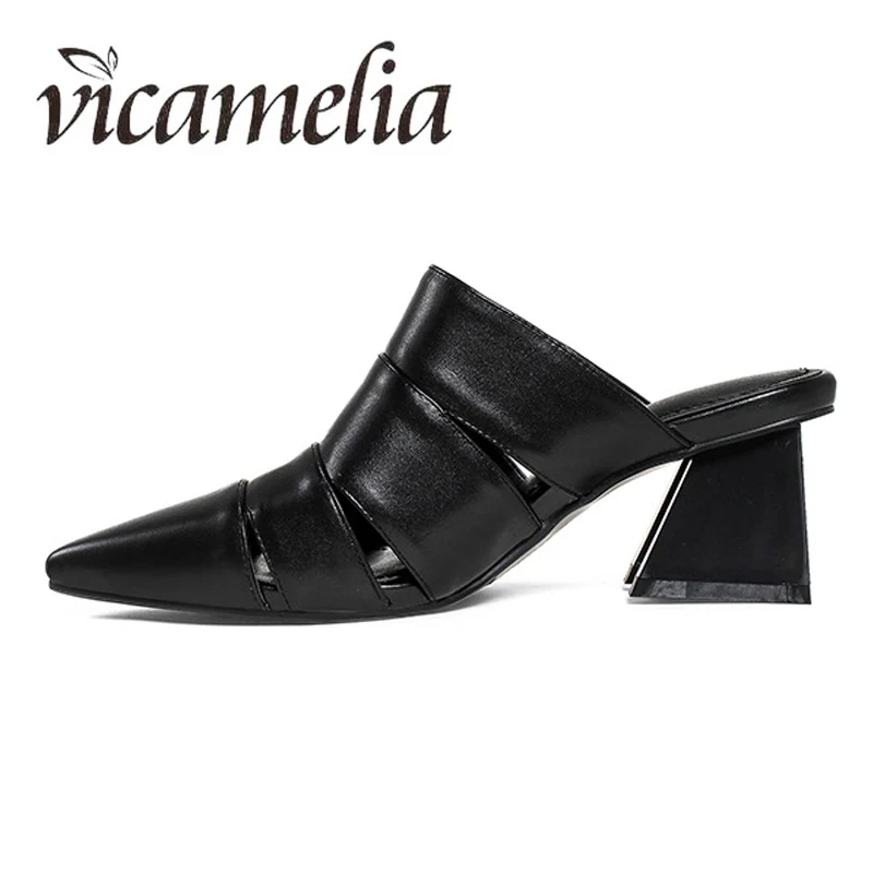 Vicamelia полые острый носок тапочки из натуральной кожи Удобные Модные Комнатные