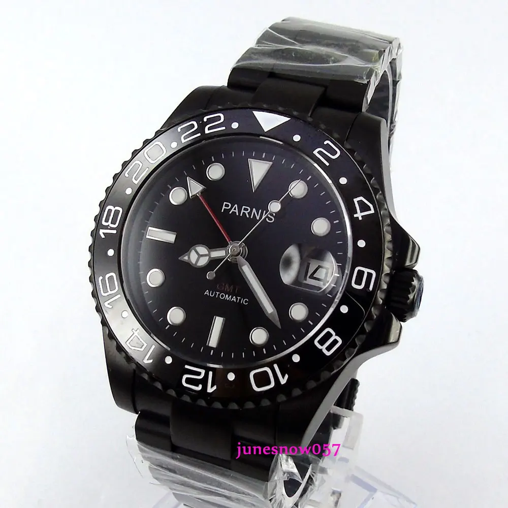 40 мм parnis черный циферблат светящиеся PVD чехол сапфировое стекло GMT автоматический