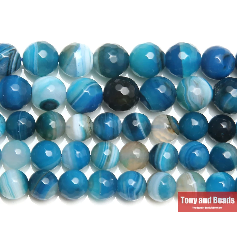 Натуральный камень граненые синие полосы Агаты круглые бусины|round beads|natural stone
