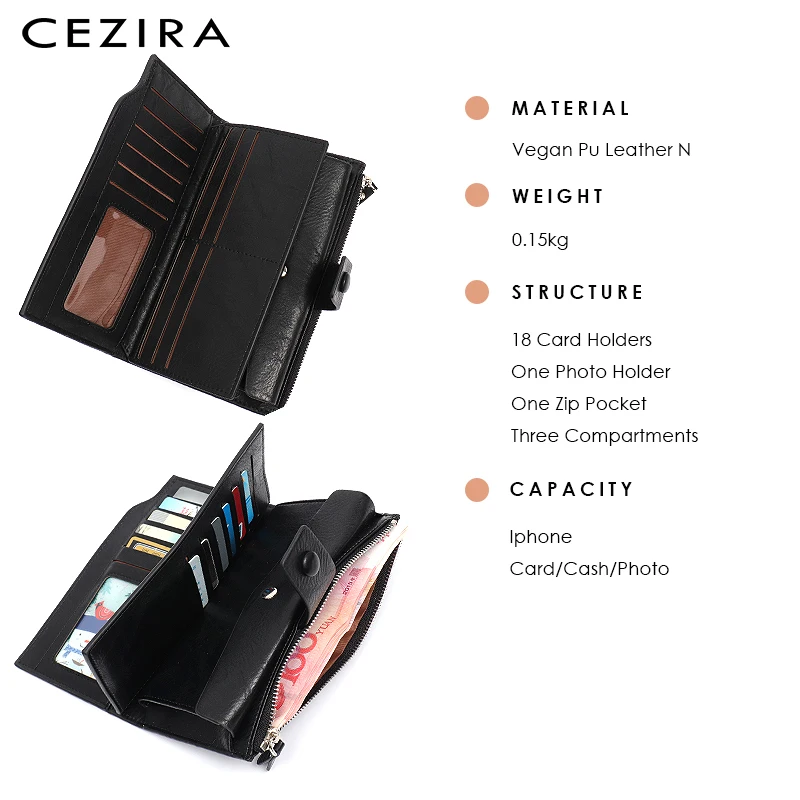 CEZIRA, большой женский длинный кошелек, мульти держатель для карт, из искусственной кожи, Женский дневной клатч, кошельки на молнии, кошелек, сумки, Carteira Feminina