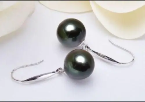 14K/20 White Gold a pair of natural 11-12mm tahitian black green pearl earrings | Украшения и аксессуары