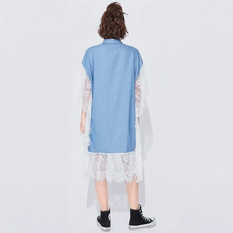 

CHICEVER Lace Patchwork Women Dress Lapel Collar High Waist Bandage Knee Length Denim Dresses Female Fashion 2020 Summer New