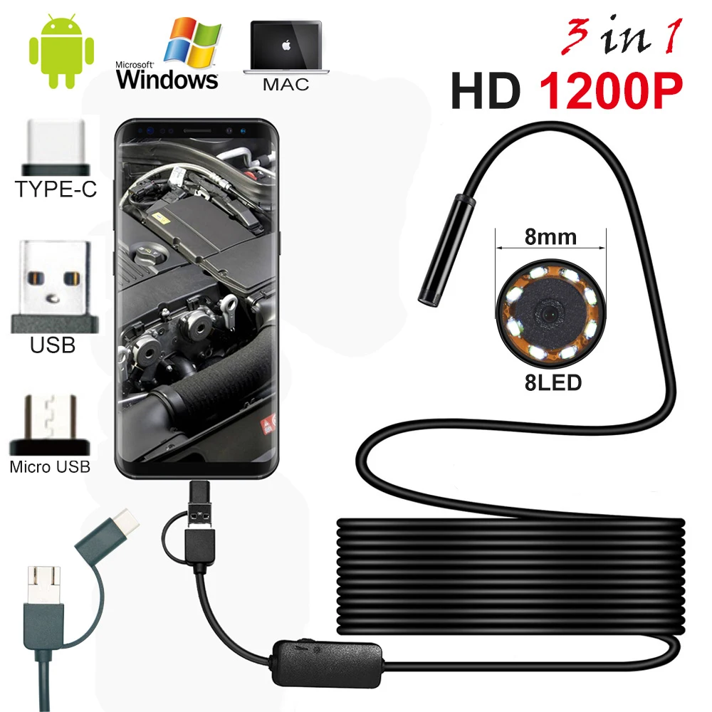 

1200P 8mm Lens Endoscope Camera Semi Rigid 2m 5m Cable Waterproof Android USB Endoscope Industrial Borescope For Car Inspection