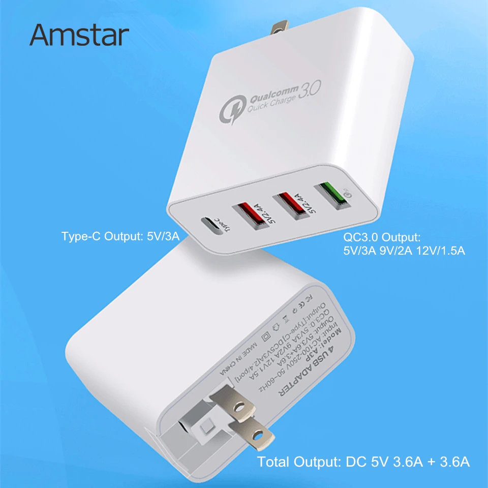Амстар Quick Charge 3 0 USB зарядное устройство 36 Вт Тип C & QC3.0 дорожное настенное Быстрая