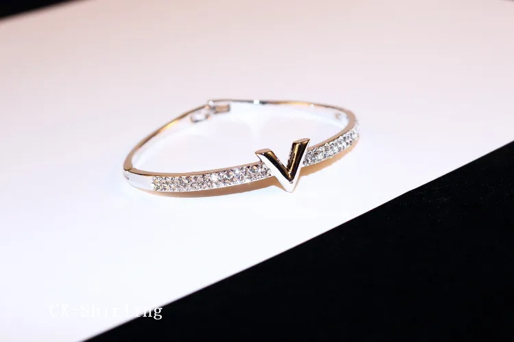CX-Shirling Настоящее Изображение Роскошный Кристалл V дизайн браслет для женщин манжета браслеты ювелирные изделия браслеты для женщин хорошее качество - Окраска металла: platinum plated