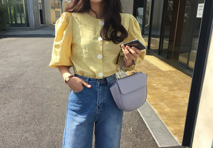 Summer 2019 New Vintage Puff Sleeve Casual Top Yellow O Neck Office Blouse Single Breasted Elegant Shirts |