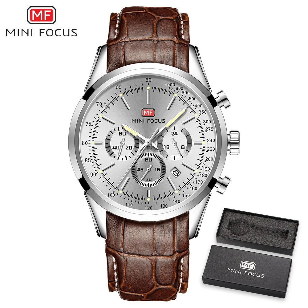 BOX SILVER BROWN Мини фокус Повседневное Бизнес кварцевые часы Для мужчин Топ бренд класса люкс коричневый кожаный ремешок Дисплей Многофункциональный Наручные часы для мужчин - Цвет: BOX SILVER BROWN