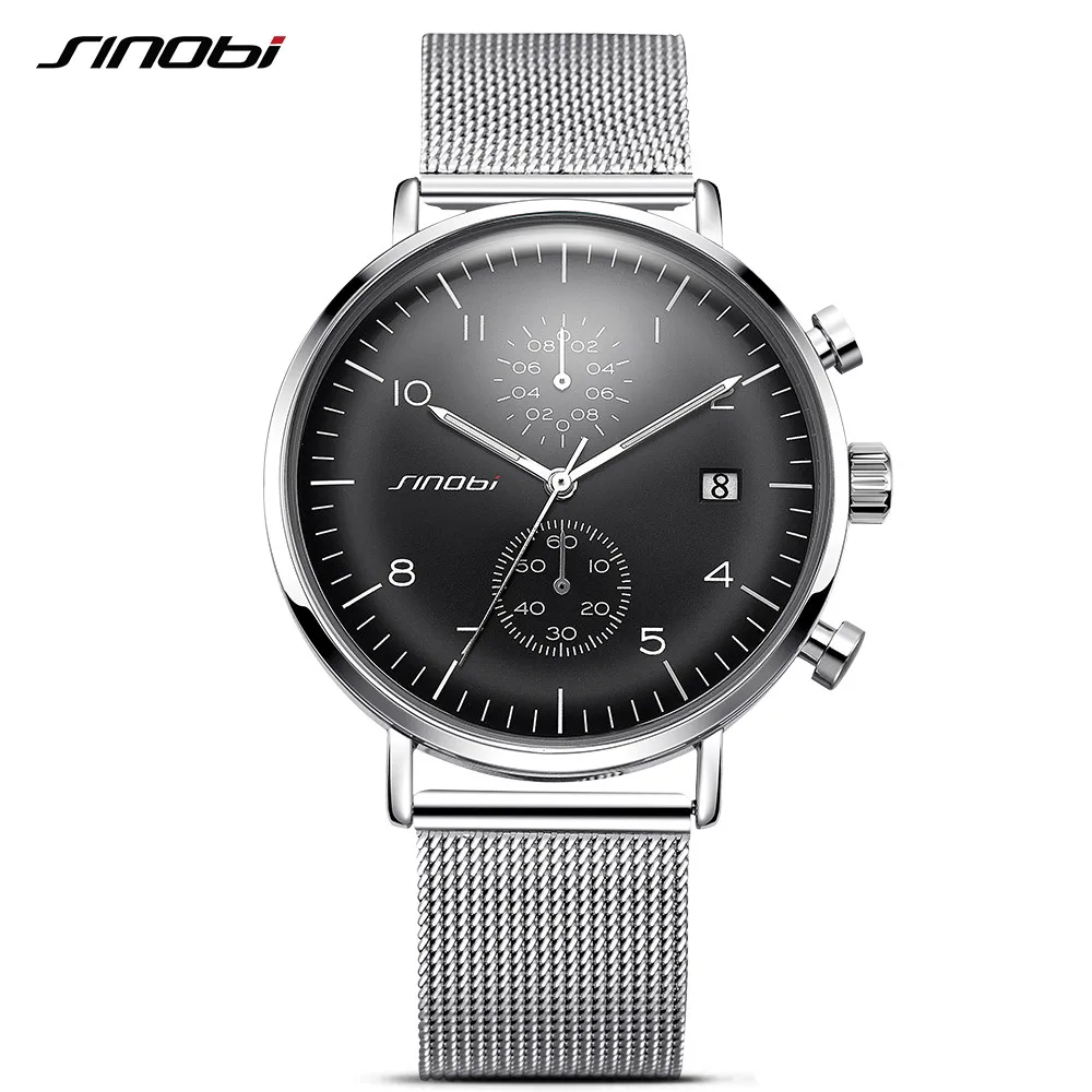 Grey-Sliver SINOBI Chronograph Quartz Men Watch Luxury Brand Stainless Steel Business Wrist Watches Men Clock Hour Time Relogio Masculino - Цвет: Grey-Sliver
