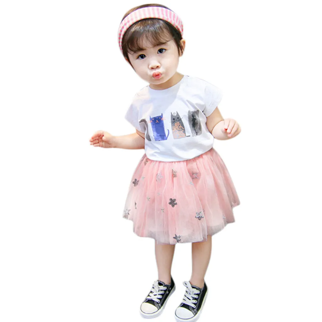 Toddler Baby Girls Cat Print T-Shirt Tops+Floral Star TuTu Tulle Skirts Outfits | Детская одежда и обувь