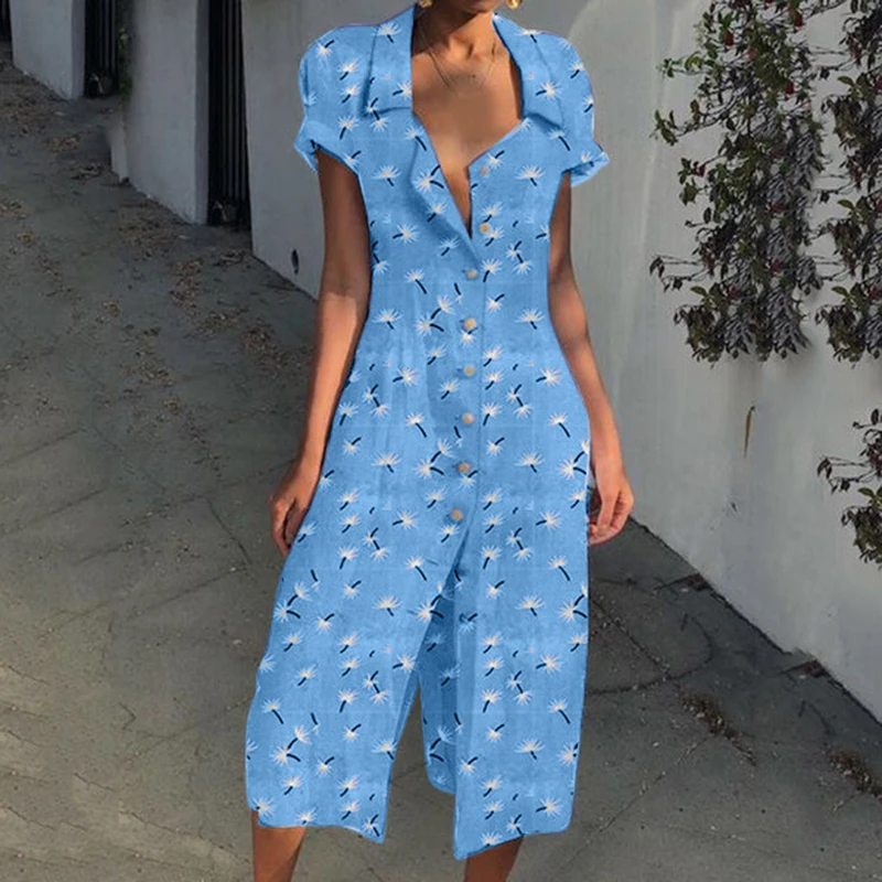 Летний комбинезон с принтом в стиле бохо Свободный коротким рукавом и v образным