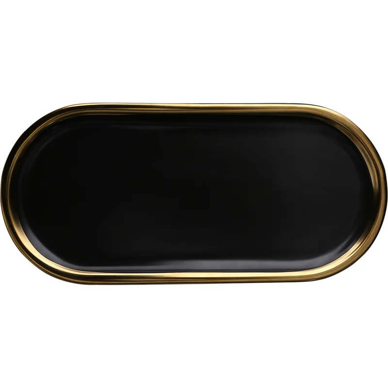 

ANTOWALL Nordic Black Gold Tray Ceramic Plate Oval Western Dinner Dish Cake Plate High-end Restaurant Dish Plate