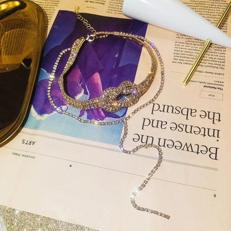 Серебряный Цвет кнопка Полный Чокер-подвеска со стразами для женщин Bijoux Длинные
