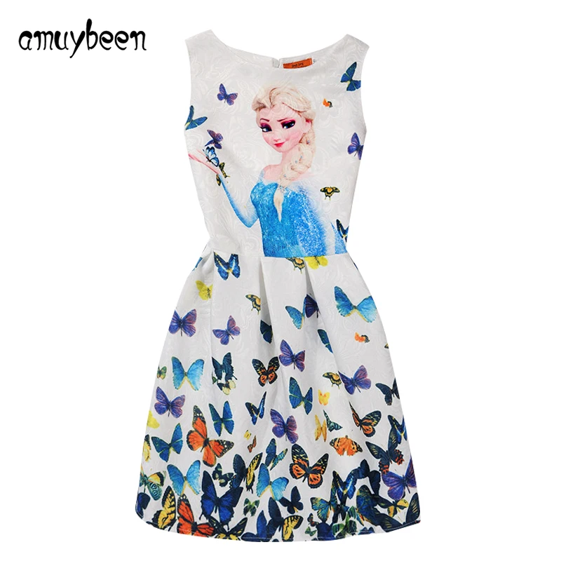 Amuybeen Girls Dress Summer 2019 Butterfly Print Anna Elsa Princess for Casual Costume 10 11 Years Teenager Clothes | Детская одежда и