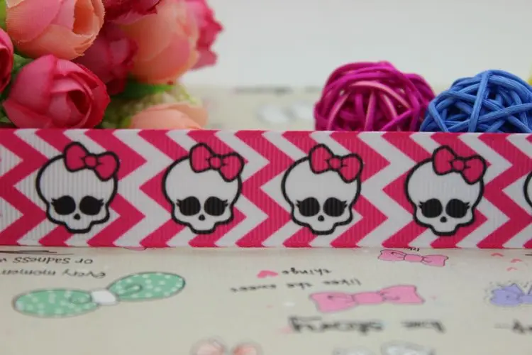 7/8 ''Бесплатная доставка шеврон Монстр череп печатных grosgrain ленты волос лук diy