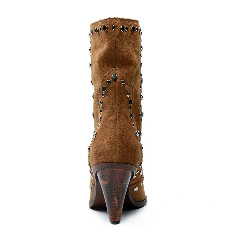 Qianruiti Chaussures Femme коричневые замшевые туфли с заклепками ботинки без застежки