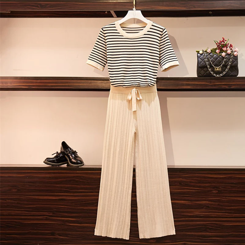 ALPHALMODA Женская Полосатая трикотажная футболка топ + Широкие трикотажные брюки