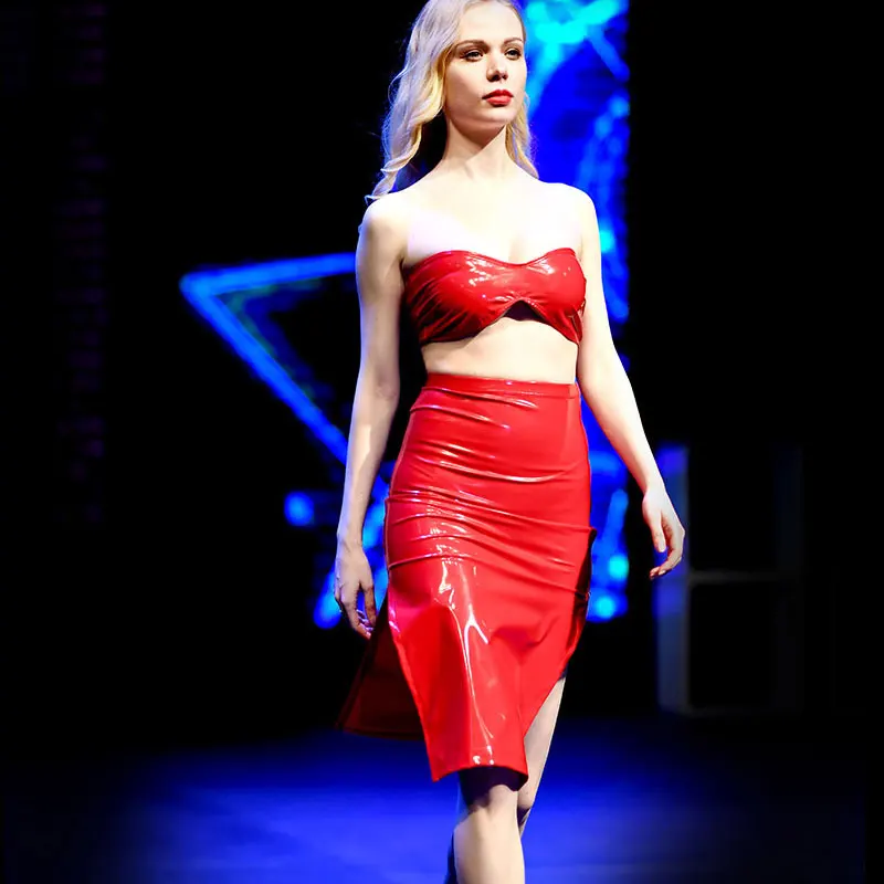 PVC Shiny Pencil Slim Skirt With Wrapped Chest Stage Wear Sexy Women 2PCS/Set Zipper Open Tight M72 | Женская одежда