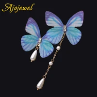 blue pink chiffon butterfly earrings asymmetric simulated pearl women jewelry fashion accessories beauty gifts