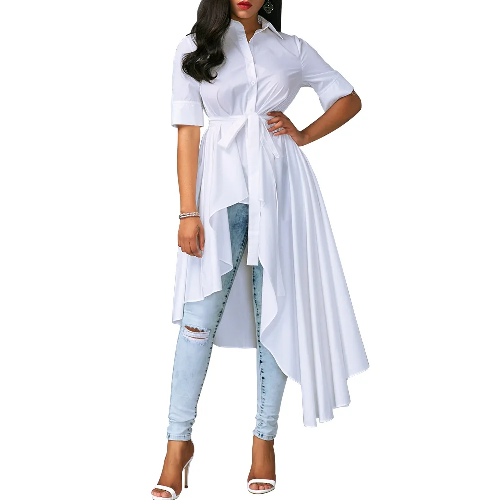 New Women Casual Elegant Short Sleeve Asymmetric Hem Flouncing High Waist Shirt Dress With Belt | Женская одежда