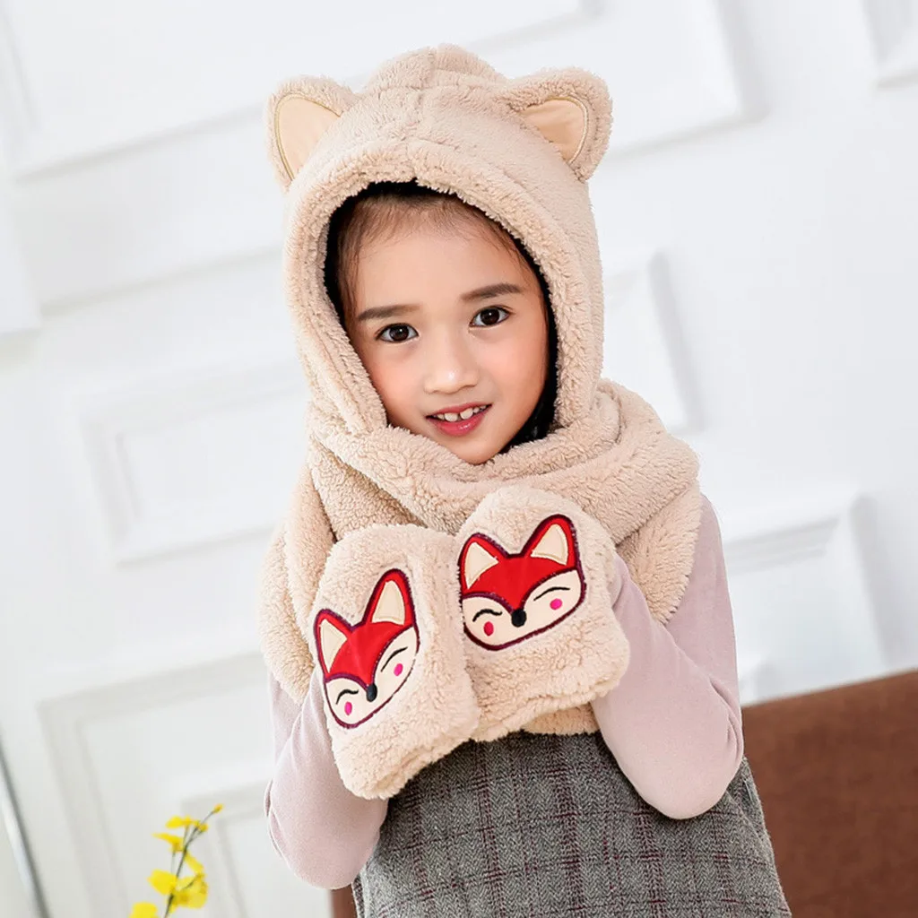 Детский теплый пушистый шарф-капюшон с рисунком лисы шапка-снуд карманные шапки