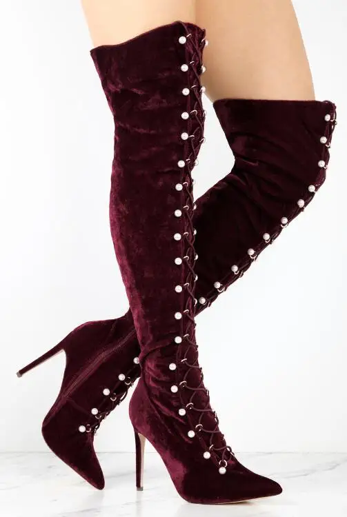 Goedkoop Lente Hot Roze Fluwelen Vrouwen Lace Up Over De Knie Laarzen Elegante Parel Rom Dames Sexy Hoge Hak Laarzen Mode Stretch Laarzen
