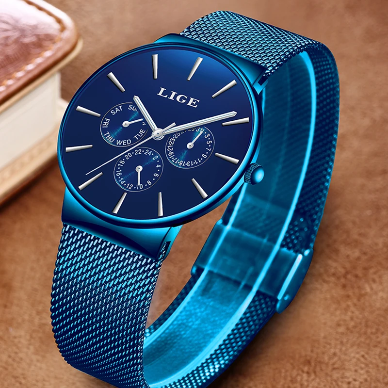 LIGE мужские часы Топ бренд класса люкс повседневные спортивные тонкая сетка сталь