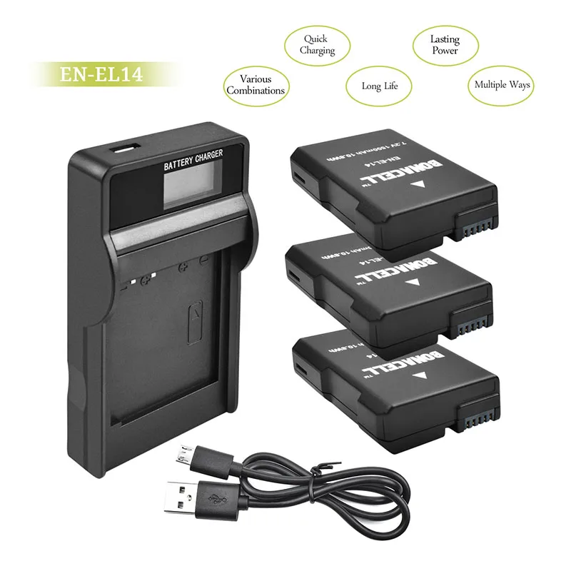 Bonacell EN-EL14 EN EL14 для Nikon 1500mah аккумулятор + ЖК-Зарядное устройство USB D3100 D3200 D3300 D5100 D5200