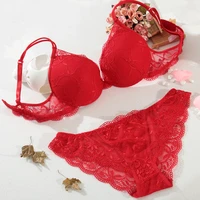 %e3%80%902 for 10 off%e3%80%91sexy lace red bra and panties set lingerie plunge push up underwire padded bra underwear women