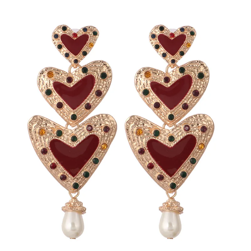 Red LEADERBEADS ZA Кристалл Золотое любовное сердце длинные висячие серьги для женщин трендовые имитация свадебные жемчужные серьги Brincos аксессуары - Окраска металла: Red