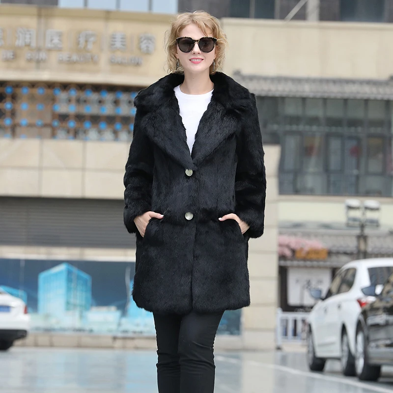New Button Closed Pure Real Rabbit Fur Coat Factory Plus Size Low Discount Sale Direct Genuine Fur Overcoat tsr356