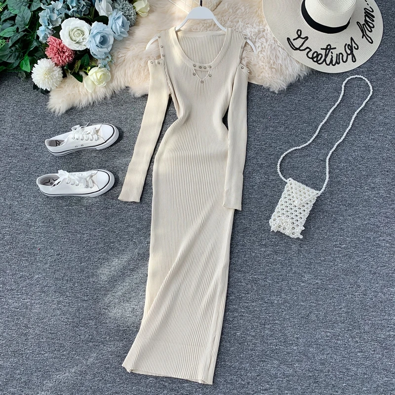 Женское трикотажное платье свитер с длинным рукавом V образным вырезом и