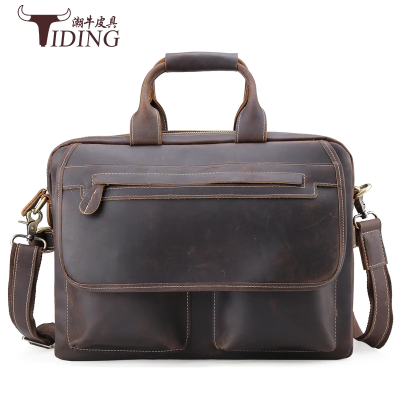 

Men's Briefcase brands Crazy Horse leather men's briefcase laptop bags Male bag Vintage Genuine leather Man Handbag 2017 Brown