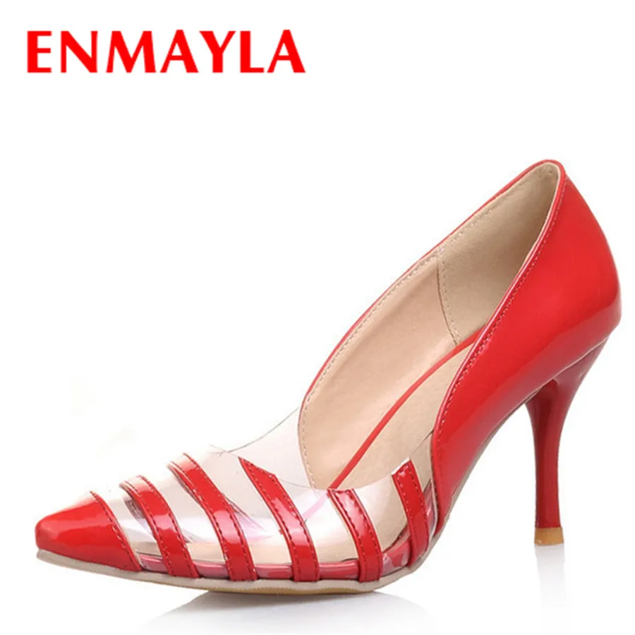 

ENMAYLA Womens Kitten Heels Pumps Patchwork Fashion High Heels Slip-On Clear Shoes Women Pointed Toe Ladies Pumps 5 Colors