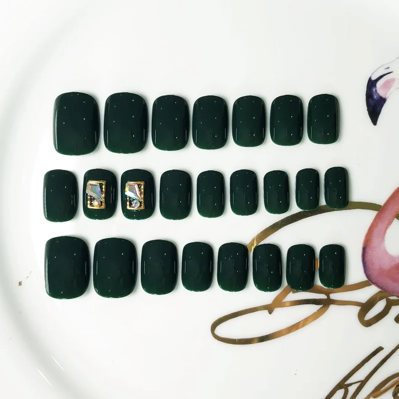 24Pcs Short Round UV Gel Fake Nails Dark Green False Nail Tips for Laday Powder Full Cover Salon Manicure Accessories^ | Красота и