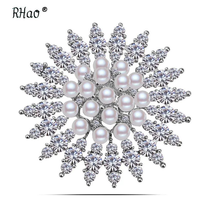 

Retail!!High Quality fashion Style Clear Austria Crystals Imitation Pearl Big flower round Bow Brooch Wedding Accessories