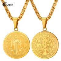 saint benedict medal pendant necklace gold color stainless steel men necklace gift