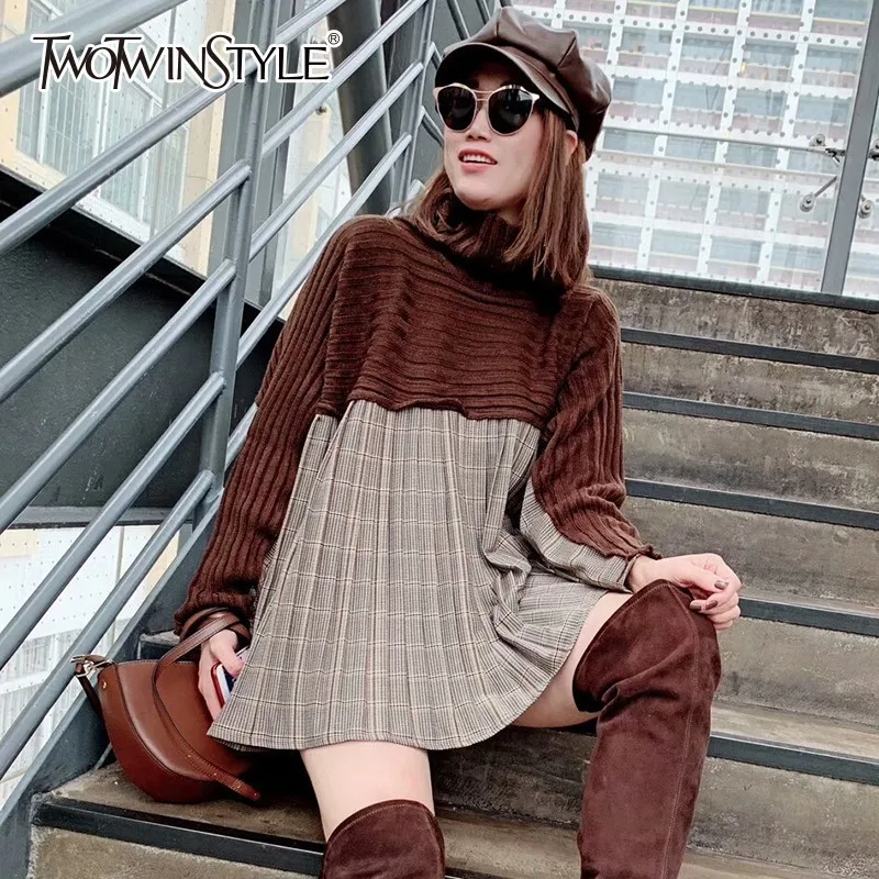 Женский клетчатый пуловер TWOTWINSTYLE Повседневный свитер составного кроя с