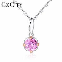 czcity simple flowers style romantic pink zircon stone shiny women 925 silver two color gold pendant necklace water wave chain