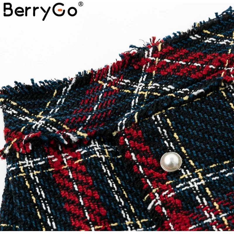 BerryGo офисная мини клетчатая Женская юбка с высокой талией твидовая Рождественская зимняя черная юбка винтажные трапециевидные юбки женские низ