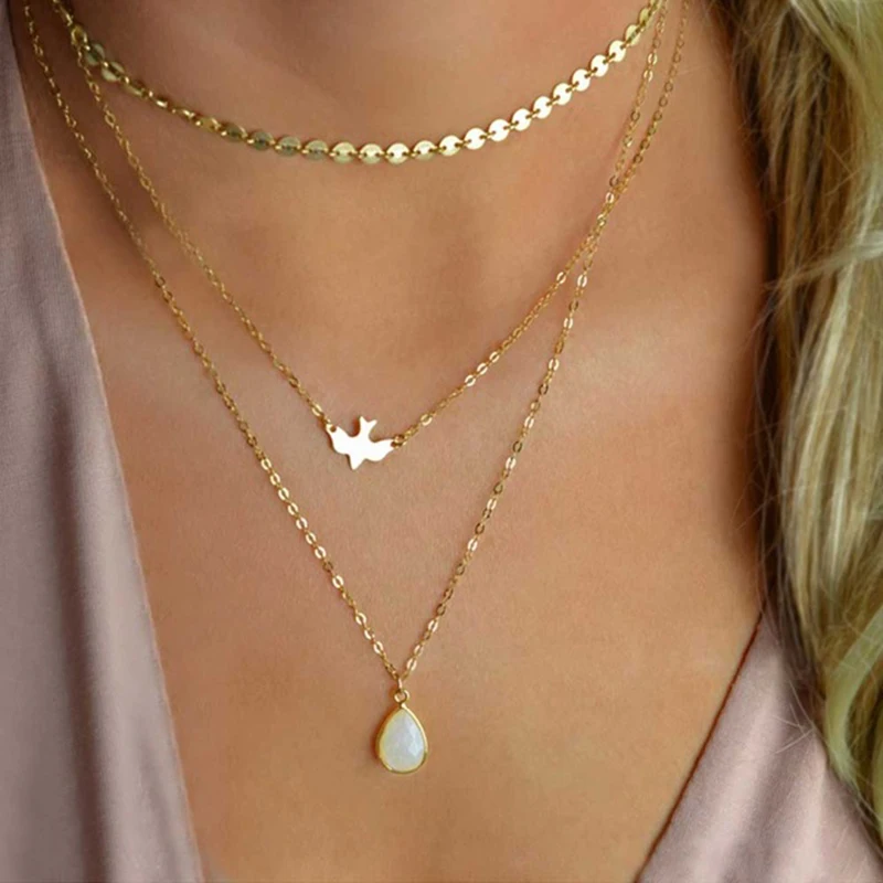 

2018 New Peace Dove Soar Flying 3 Layers Crystal Sequins Chain pigeon bird Water Drop Pendant Multilayer Necklace LX011