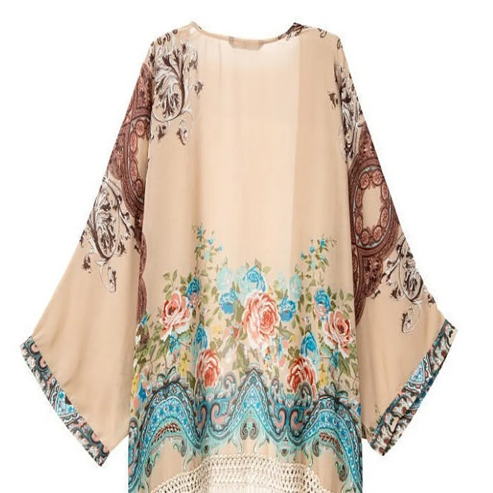2016 женский богемный кардиган бахрома цветочное шифоновое кимоно свободные
