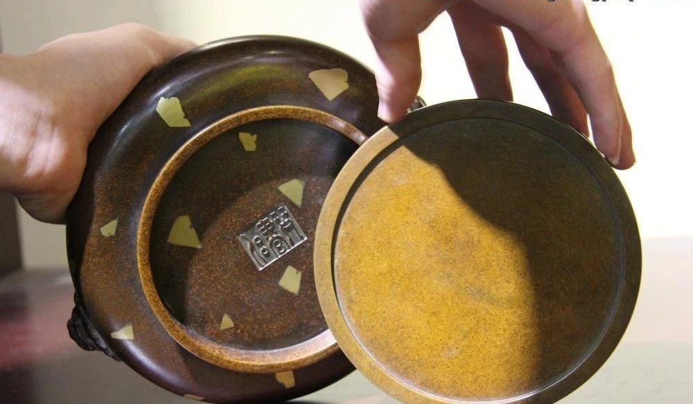 Китайский Старый фиолетовый Медь Бронза Foo Собаки Лев Головы Уши курильница