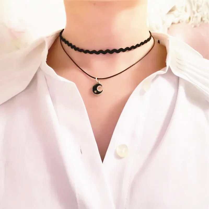 Женская двухслойная подвеска в готическом стиле черная волнистая кожаная