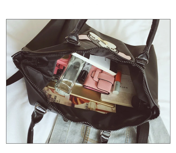 Fashion Casual PU Leather Travel Bags Black Couple Cartoon Dog Embroidery Overnight Weekend Bag Short Trip GYM Big Hand Luggage