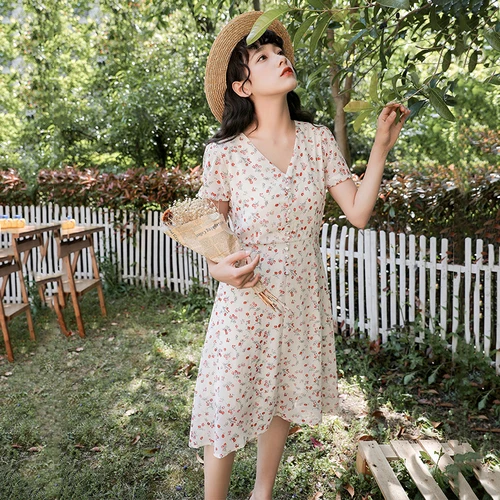 French Flower Dresses 2019 Summer Vintage Knee-length A-line Elegant Mori Girl Print Woman Cloth V-neck Dress | Женская одежда