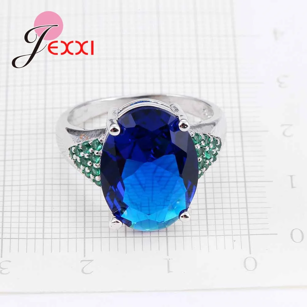 

Hot Soild 925 Sterling Silver Round Blue Austrian Crystal Wedding Engagement Rings For Female Gift Women Ring Jewellery