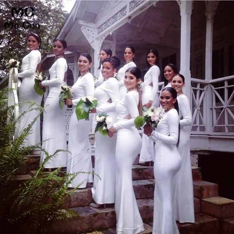 

Ready Ship 2019 Mermaid Wedding Party Dress Bridesmaid Dresses Long with Long Sleeve Floor Length Backless Bridesmaid Dress