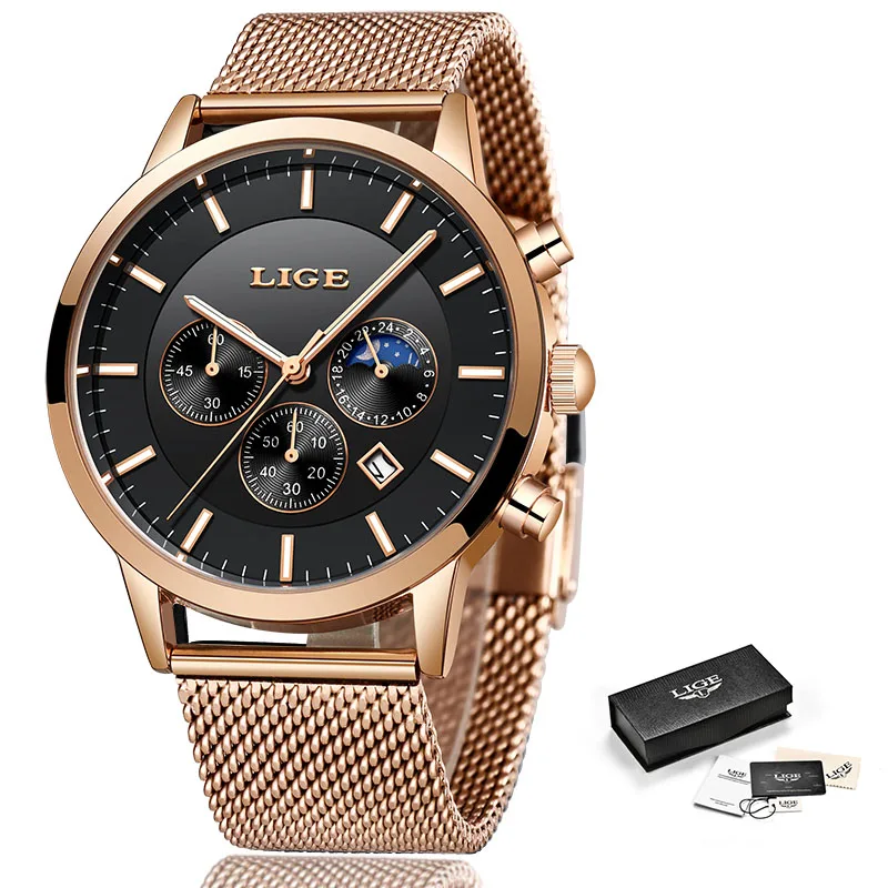Rose gold black LIGE часы мужские роскошные брендовые кварцевые часы модные спортивные водонепроницаемые часы с хронографом мужские часы relogio Masculino - Цвет: Rose gold black