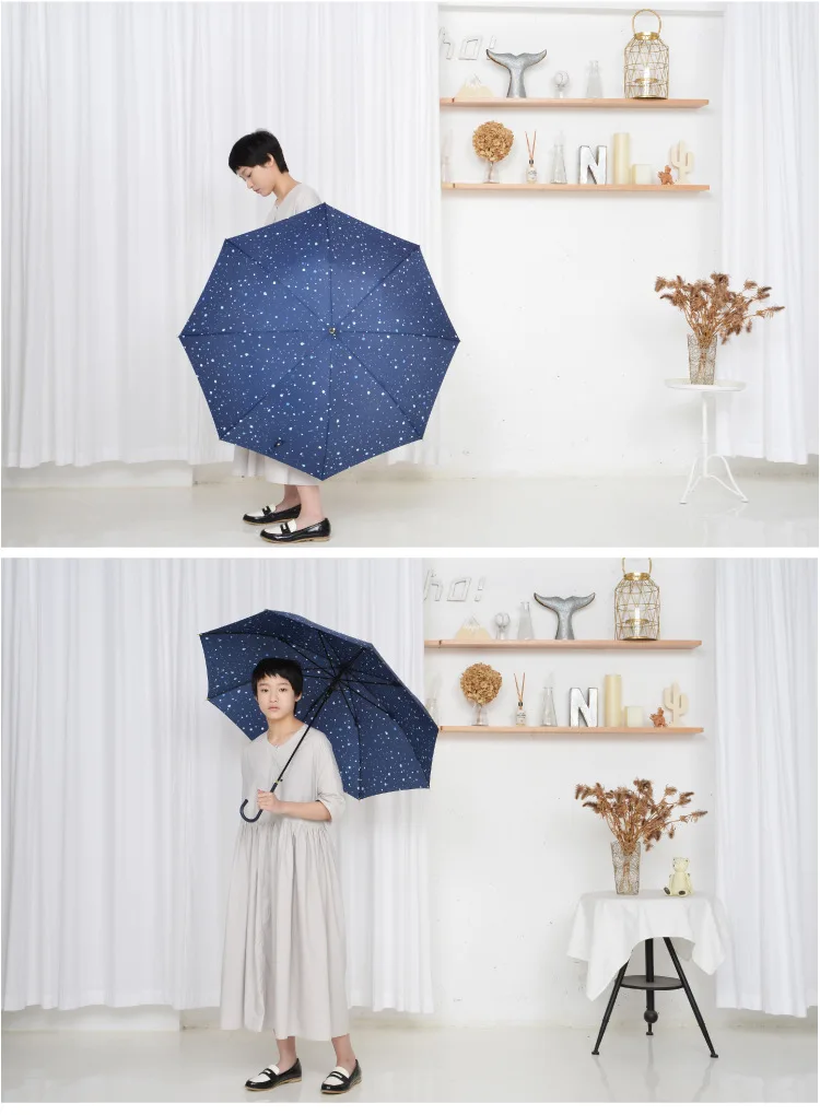 Tiohoh Blue Ink Style Long Umbrella Rain Women Windproof 8K Leather Handle Fashion Paraguas 190T Pongee Golf Umbrella Parasol